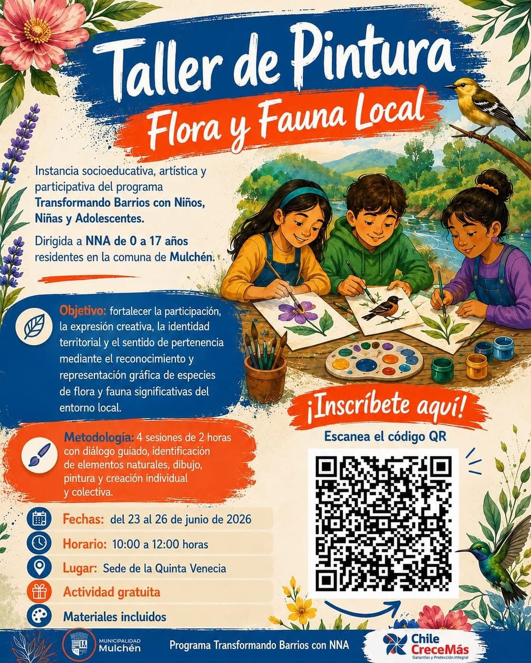 Taller de Pintura Flora y Fauna Local en Mulchén: 4 Jornadas Gratuitas para Niños y Adolescentes