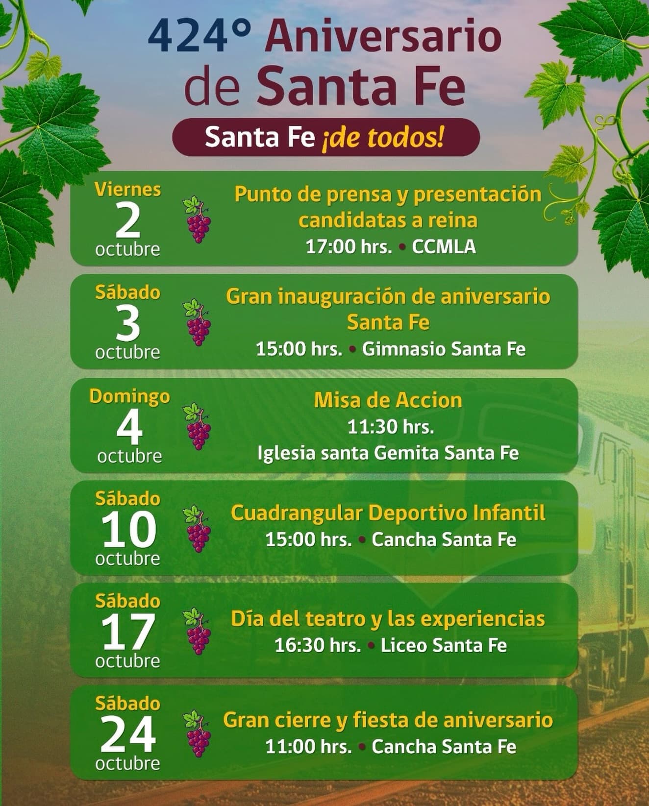 424° Aniversario de Santa Fe: programa completo de actividades desde hoy hasta el 24 de octubre