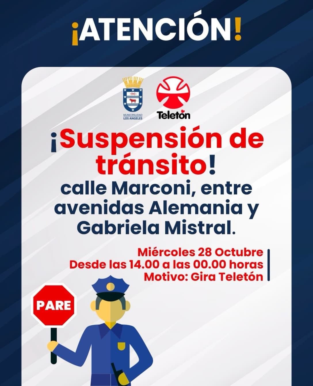 Suspensión de tránsito en calle Marconi por Gira Teletón 2026