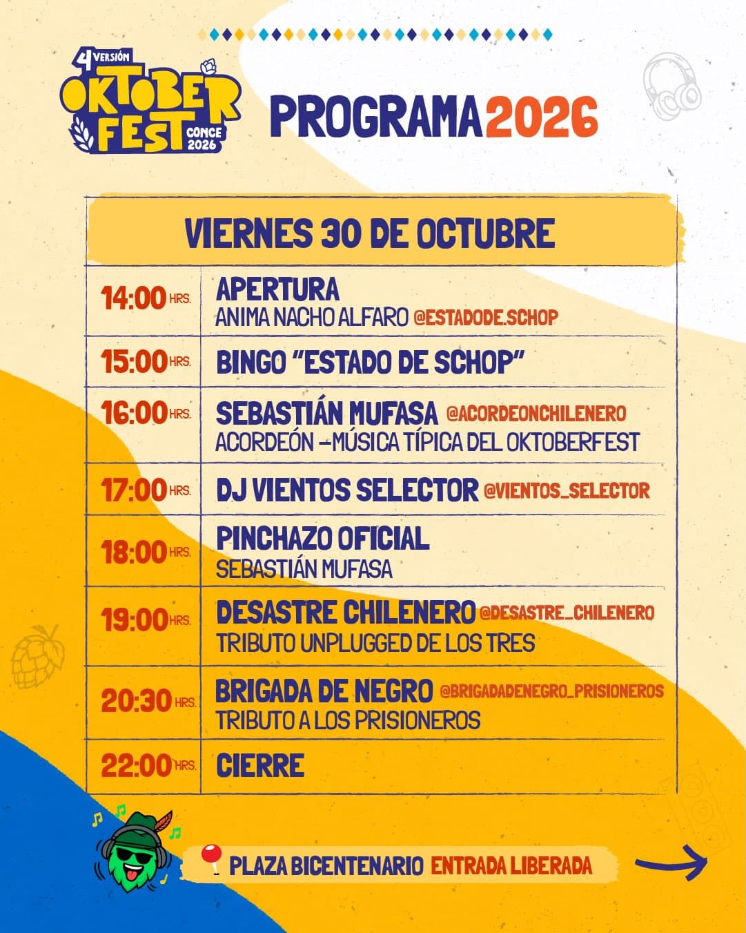 Oktoberfest Concepción 2026: Programación completa del viernes 30 de octubre